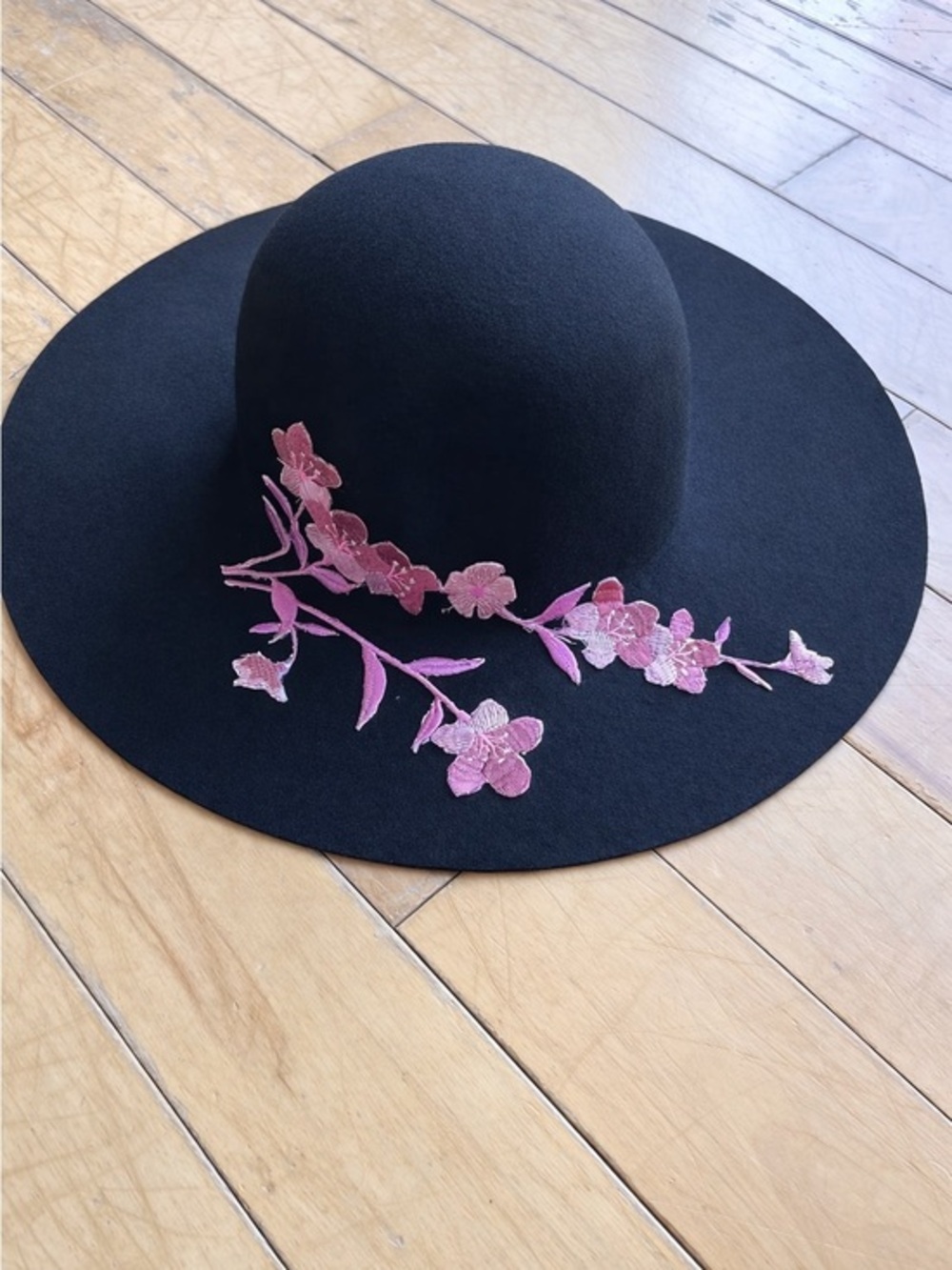 Morgan & Taylor Wide-Brim Black Wool Hat with Pink Floral Embroidery
